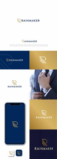 the logo for rainmaker is shown in three different colors and font styles, including blue,