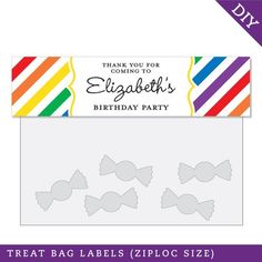 a birthday party treat bag label with candy candies