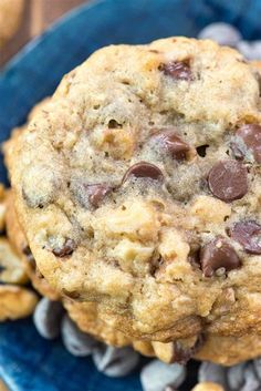 two chocolate chip cookies on a blue plate