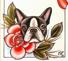 a drawing of a boston terrier with flowers and butterflies