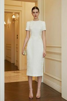 Evening Midi Dress With Fitted Bodice And Short Sleeves, Luxury Short Sleeve Wedding Dress, White Midi Dress With Fitted Bodice And Short Sleeves, Elegant White Fitted Short Sleeve Dress, Elegant White Cap Sleeve Dress, White Short Sleeve Semi-formal Dress, White Fitted Short Sleeve Elegant Dress, White Short Sleeve Formal Midi Dress, Fitted Short Sleeve Midi Dress For Wedding