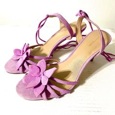 Ann Taylor- Lilac Flower Suede Heeled Sandal Purple Flower Graceful Lilac Color Sandal Wrapped Heels Brand New Retail - $138 Size 9.5 Dm For A Super Deal ;) Purple Sandals With 4-inch Heel And Ankle Strap, Purple High Heel Sandals For Formal Occasions, Formal Purple Sandals With Heel Strap, Formal Purple High Heel Sandals, Elegant Purple Heels For Summer, Elegant Purple Summer Heels, Purple Pointed Toe Sandals For Evening, Purple Round Toe Sandals For Formal Occasions, Formal Purple Round Toe Sandals