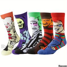 Russoo - Mens Halloween Horror Movie Killer Pattern Crew Socks - Set of 1/5 Pairs: Stylish, Breathable, and Comfortable Streetwear for Outdoor Wear, Ideal for All Seasons Hip Hop Street Fashion, Tom Und Jerry, Anime Socks, Mens Halloween, Socks Collection, Gamers Anime, Halloween Horror Movies, Mens Rain Boots, Mens Canvas Shoes