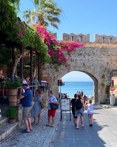 people are standing on the side walk looking at the water and buildings with pink flowers