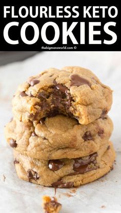 chocolate chip cookies stacked on top of each other with the words flourless keto cookies