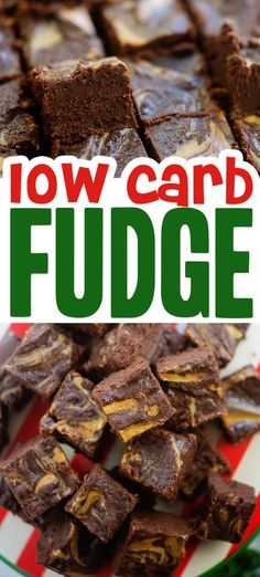 low carb fudge brownies on a plate with text overlay that reads low carb fudge