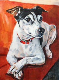 a painting of a black and white dog on an orange background