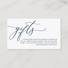 a white business card with the words gifts on it and a handwritten calligraphy