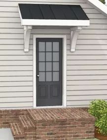 a house with a black front door and brick steps leading up to the side entrance