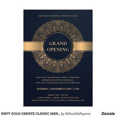 the grand opening flyer is shown in gold and navy blue with an ornate design on it