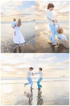 two children and their mother playing on the beach at sunset or sunrise with one child holding his mom's hand