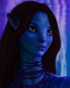 a woman with blue skin and horns on her head is staring into the distance while wearing necklaces