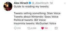 the twitter account for alex hirsch's book, guide to reading my tweets