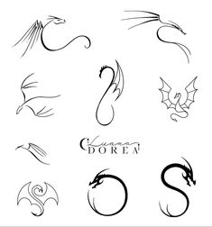 the different types of dragon symbols are shown in black and white on a white background