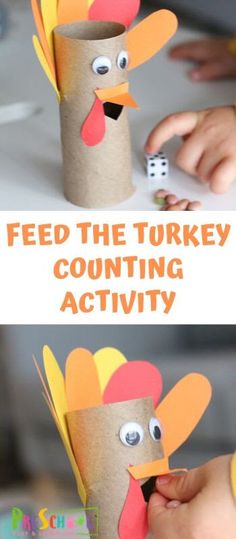 a paper cup with a turkey on it and the words feed the turkey counting activity