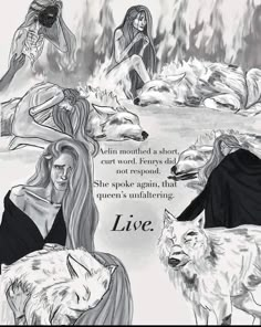 an image of two women with wolfs and the words love written in black ink