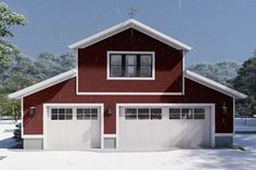 a red house with two garages and snow falling on the ground in front of it