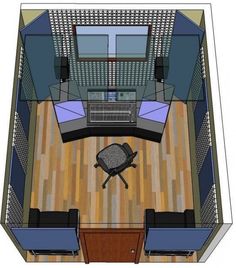 an overhead view of a computer room with desks and chairs on the floor,