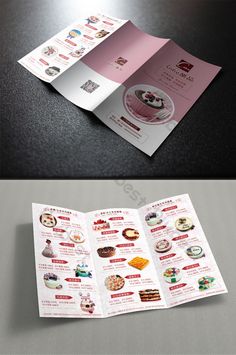 an open brochure with pictures of cakes and desserts on the front cover