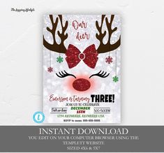 the reindeer is wearing a red bow tie and it's christmas party flyer with snowflakes