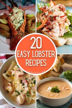 the collage shows different types of lobsters and other seafood dishes with text overlay that reads 20 easy lobster recipes