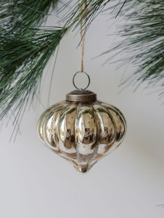 a silver ornament hanging from a christmas tree with pine branches in the background