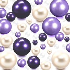 purple and white pearls are scattered around the image