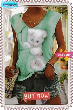 Women's T Shirt Tee Blue Purple Green Cat Print Sleeveless Casual Daily Basic V Neck Regular Cat S Casual Summer Tops With Cat Print, Casual Summer Cat Print Tops, Casual Cat Print Top For Summer, Cute Green Sleeveless Top, Cute Sleeveless Green Top, Green Cat, Women's Outfits By Occasions, Cat S, Cat Print