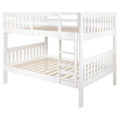 a white bunk bed with two sets of ladders on the bottom and one side