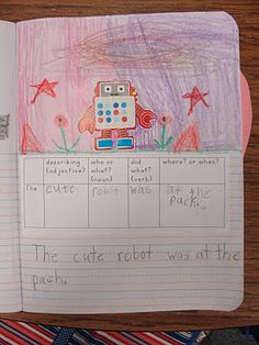 an open notebook with writing on it and a drawing of a robot in the middle