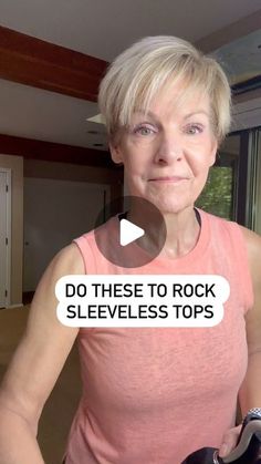 an older woman holding a pair of boxing gloves in front of her face with the words do these to rock sleeveless tops