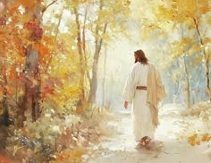 a painting of jesus walking through the woods