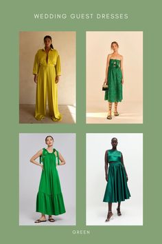 four different types of dresses in green, yellow and white colors with the words wedding guest dresses