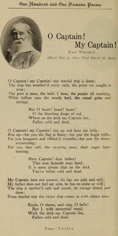 an old book page with the caption'o captain my captain '