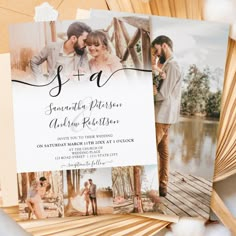 a wedding photo is displayed on top of some folded cards