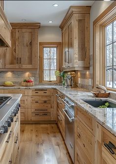 a kitchen filled with lots of wooden cabinets and counter top space next to a stove top oven