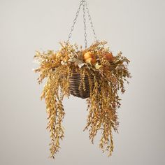 a hanging basket filled with fruit and flowers on a chain attached to a wall or ceiling