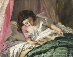 Reading Time by Sophie Gengembre ANDERSON (Artist. Paris, France, 1823-1903 Falmouth, Cornwall, UK). © Private collection. Young girl enjoys a picture book while abed. [Do not remove. Caption required by law.] COPYRIGHT LAW: http://www.pinterest.com/pin/86975836527280978/  PINTEREST on COPYRIGHT:  http://pinterest.com/pin/86975836526856889/ The Golden Rule: http://www.pinterest.com/pin/86975836527744374/  Food for Thought: http://www.pinterest.com/pin/86975836527810134/ Sophie Anderson, People Reading, John Everett Millais, Reading Art, Book People, Pre Raphaelite, Woman Reading, World Of Books, Pictures Of People