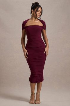 Claretta Berry Square Neck Twisted Maxi Dress With Cape Sleeves – Club L London - USA Short Burgundy Dress, Burgundy Bodycon Dress, Burgundy Cocktail Dress, Burgundy Midi Dress, Club L London, Wardrobe Needs, Spandex Dress, Ruched Midi Dress, Cape Dress