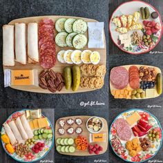 different types of cheeses, crackers and meats on plates