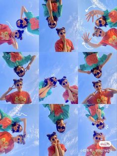 multiple shots of a woman floating in the air with her hands up to her face