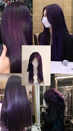 4 picture collage of dark purple hair Midnight Hair Purple, Hair Chemistry, Midnight Hair, Berry Hair, Violet Hair Colors, Hair Color Guide, Plum Hair, Violet Hair