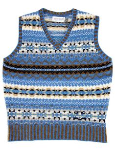 "This sleeveless sweater vest is made of soft Shetland wool, woven in a Fairisle pattern that gives it a classic 40s look. Hand-produced in Scotland using quality, natural yarns spun that keep you truly warm, by ERIBÉ, an established knitwear design house and manufacturer that has been in operation for 33 years. The Skye blue tank top features rows of Fairisle patterning and stripes across the V-shaped neck, as well as on the bottom hem. This colourway is a mix of cream, blue, and brown shades. A truly stand-out addition to a vintage enthusiast's wardrobe, these knits keep you warm and add a dash of colour to any retro outfit. 100% soft-feel Shetland wool, made using knowledge handed down from one generation to the next to create a sustainable product which looks and feels great while last Blithe Spirit, Fair Isle Knitting Patterns, Sleeveless Sweater Vest, Vintage Tank Top, Vintage Tank, Shetland Wool, Fair Isle Knitting, Retro Vintage Style, Blue Tank Top