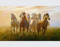 a painting of five horses running in a field with the sun shining through the clouds