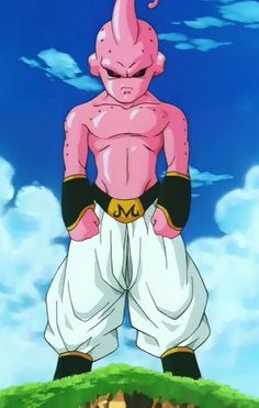 the pink gohan is standing on top of a hill with his hands in his pockets