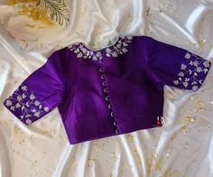 Raw Silk Saree Blouse Designs, Purple Blouse Designs For Saree Silk, Purple Silk Blouse Designs, Raw Silk Blouse Designs, Latest Simple Blouse Work Designs, Purple Blouse Work Designs, Purple Blouse Designs, Purple Blouses, Floral Work Blouse