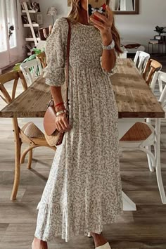 Fashion Street Print Patchwork O Neck A Line Dresses – flornana Look Hippie Chic, High Waist Dress, Church Outfits, Modest Clothing, Teacher Outfits, A Line Dresses, Cream Dress