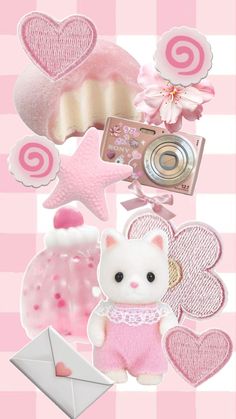 a collage of pink and white items including a teddy bear, cake, starfish, heart shaped objects