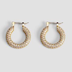 Iced Pavé 18k Gold Medium Hoop Earrings - GRISÉ NYC 1 Earrings Stand, Medium Hoop Earrings, Earring Stand, Timeless Accessories, Earrings Collection, Steel Jewelry, Stainless Steel Jewelry, Gold Plated Jewelry, Free Jewelry