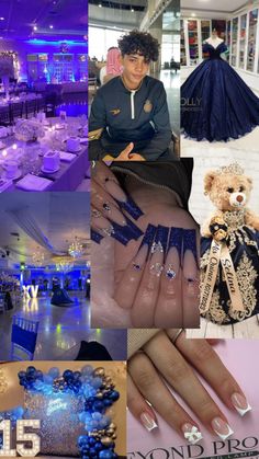 a collage of photos with blue and white nail polishes on the nails, in front of a teddy bear